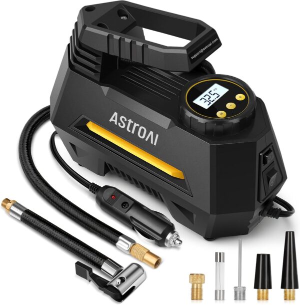 AstroAI Tire Inflator Portable Air Compressor Tire Air Pump for Car Tires - Car Accessories, 12V DC Auto Pump with Digital Pressure Gauge, Emergency LED Light for Bicycle, Balloons, Yellow - Image 2