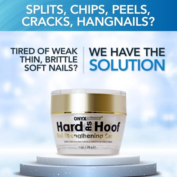 Hoof Nail Strengthening Cream with Coconut ScentAbout this item Stronger, Healthier Nails: Say goodbye to thin, brittle, soft or fragile nails with Hard as Hoof Nail Strengthening Cream. This natural nail strengthener is infused with vitamins, minerals and emollients to strengthen and condition your nails and cuticles Repairs Damaged Nails: A nail treatment formula to help restore and fix damage caused by fake or acrylic and gel nails. It absorbs quickly and deeply penetrates your nails, providing the nourishment they need. Plus, it doesn't leave a greasy residue behind - Image 4