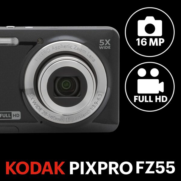 KODAK PIXPRO FZ55-BK 16MP CMOS Sensor Digital Camera 5X Optical Zoom 28mm Wide Angle 1080P Full HD Video 2.7" LCD Vlogging Camera (Black)Powerful 16MP CMOS Sensor: Capture stunning high-resolution photos with this advanced CMOS sensor, ensuring exceptional image quality. Versatile 5X Optical Zoom: Equipped with a 28mm wide-angle lens and 5x optical zoom, this camera allows you to easily switch between capturing breathtaking landscapes and zooming in for detailed close-ups. Full HD Video Recording: Elevate your content creation with 1080p Full HD video recording capabilities, perfect for vlogging and capturing memorable moments.Powerful 16MP CMOS Sensor: Capture stunning high-resolution photos with this advanced CMOS sensor, ensuring exceptional image quality. Versatile 5X Optical Zoom: Equipped with a 28mm wide-angle lens and 5x optical zoom, this camera allows you to easily switch between capturing breathtaking landscapes and zooming in for detailed close-ups. Full HD Video Recording: Elevate your content creation with 1080p Full HD video recording capabilities, perfect for vlogging and capturing memorable moments. - Image 3